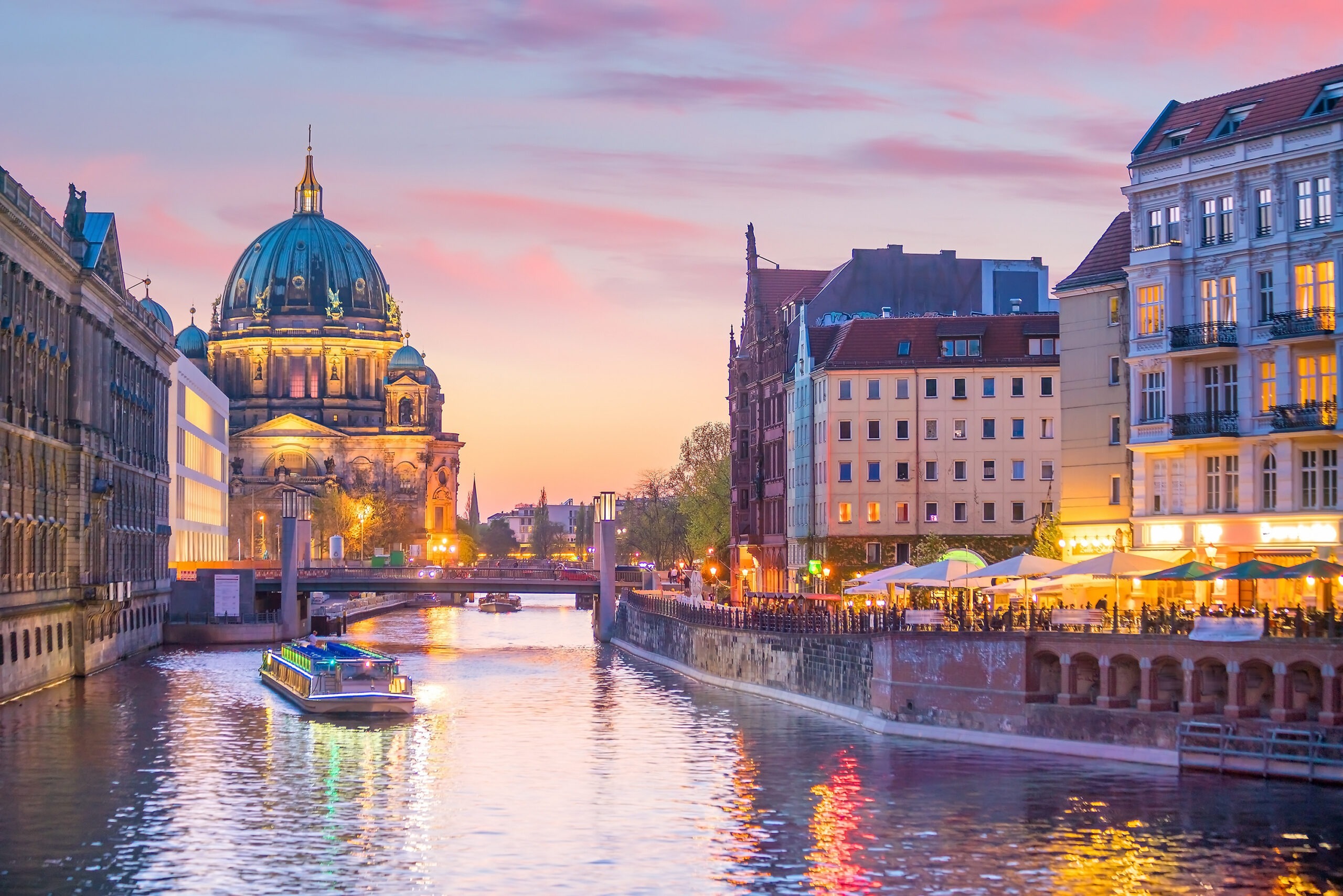 Berlin skyline with Spree river at sunset twilight